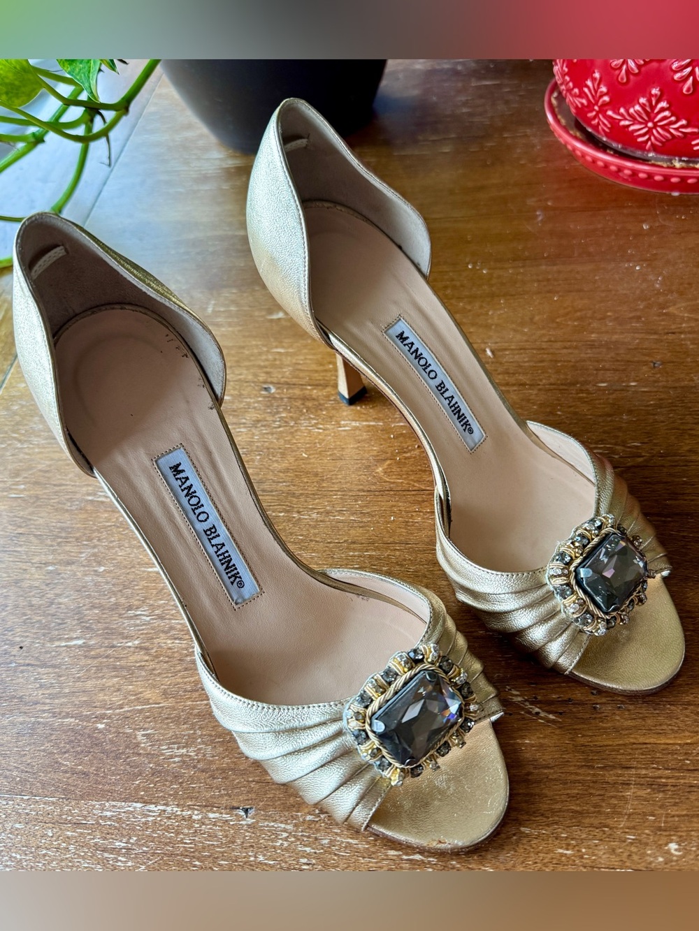 Manolo Blahnik Gold Open-Toe Heels with Crystal Buckles